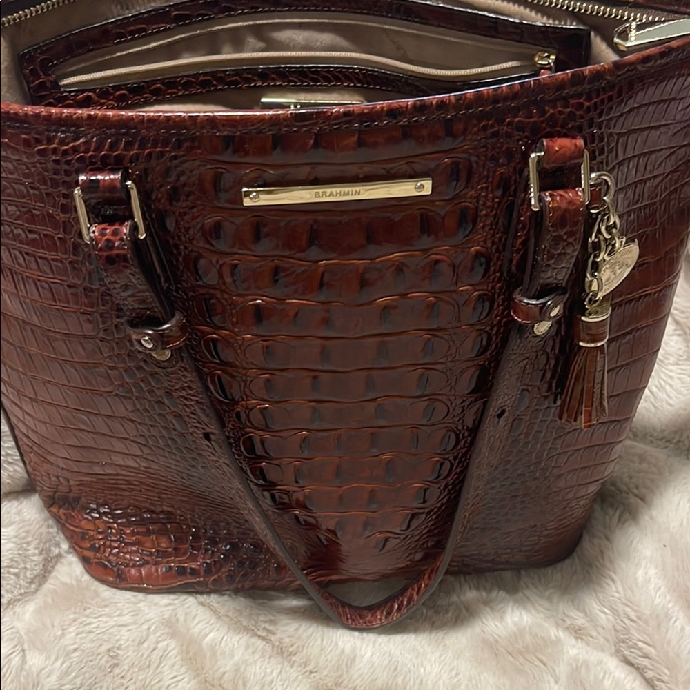 Brahmin Brown Leather Tote with Woven Texture